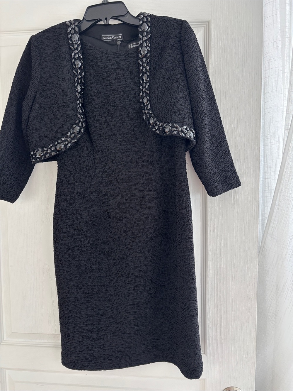 Jessica Howard Black Textured Sheath Dress with Embellished Bolero